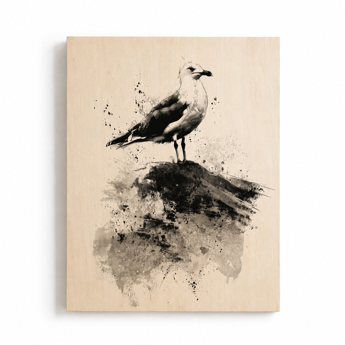 Coastal seagull on rock - Modern home decor plywood wall art