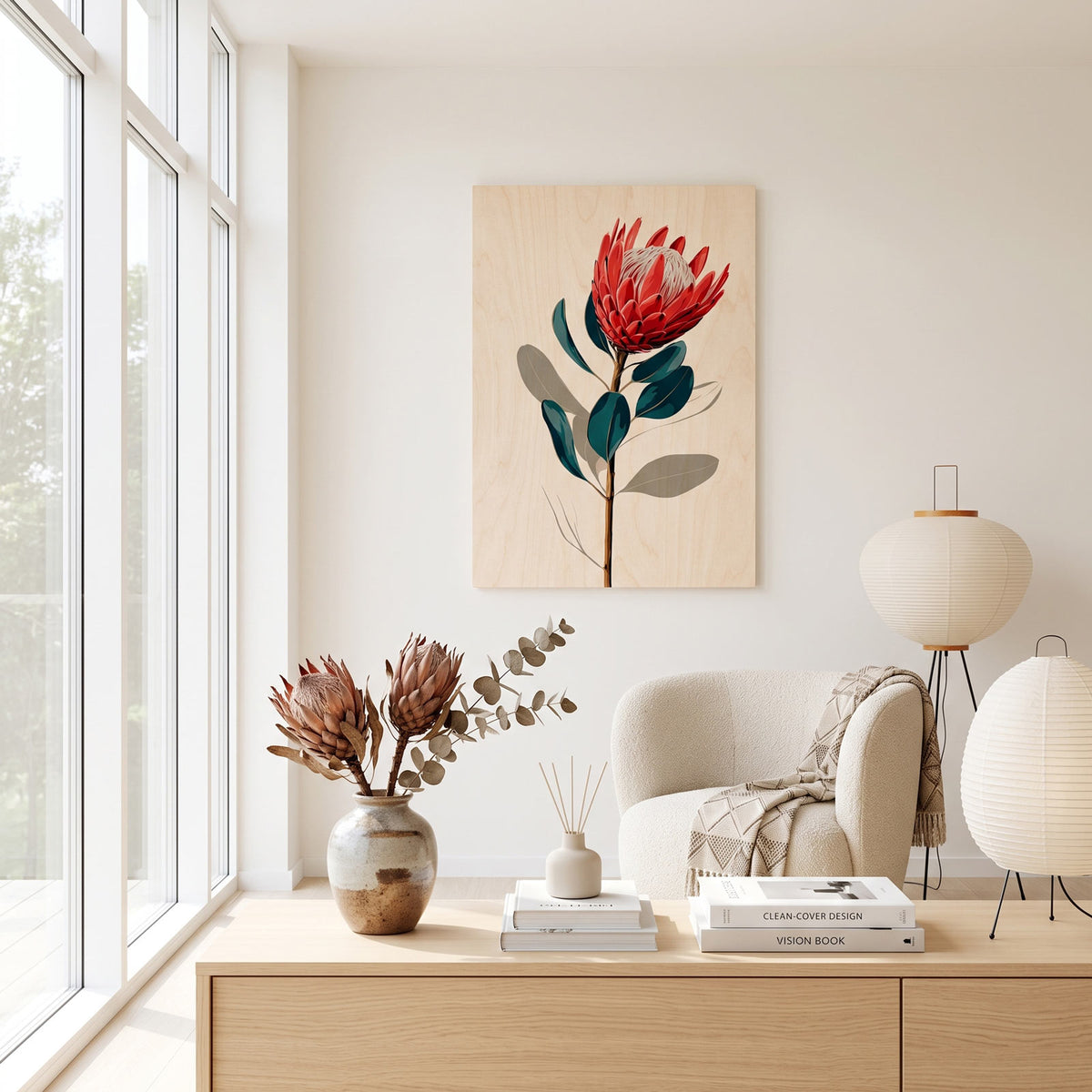 Red protea botanical - Modern home decor plywood wall art