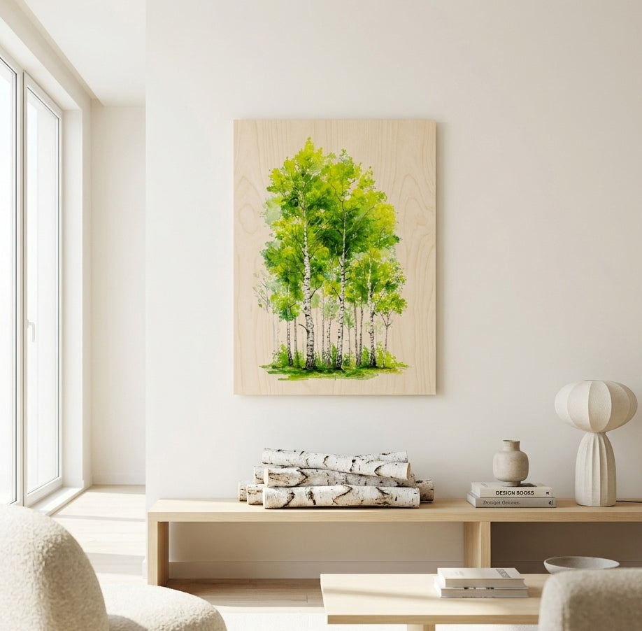 Sunlit birch forest - Modern home decor plywood wall art