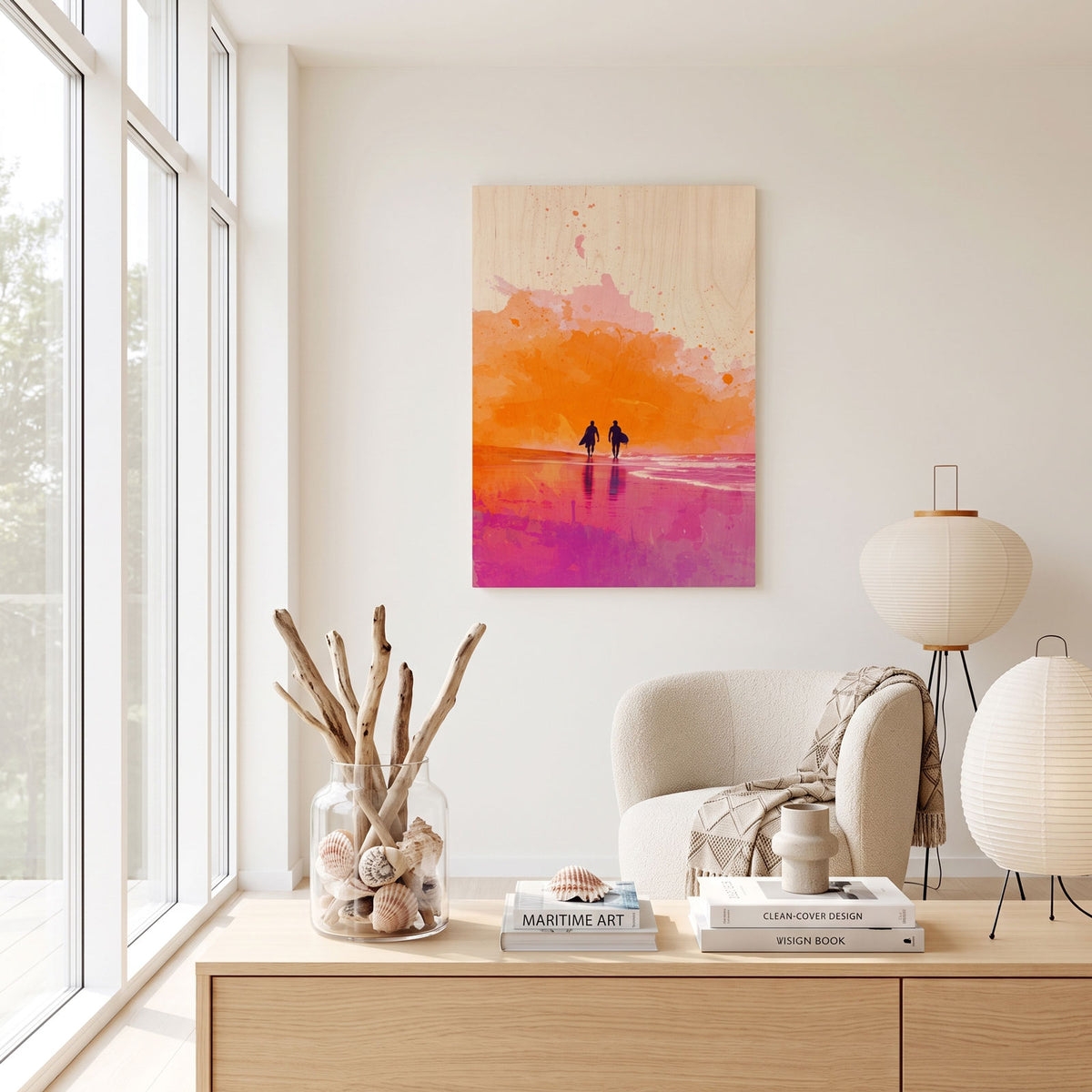 Sunset surfers on the beach - Modern home decor plywood wall art