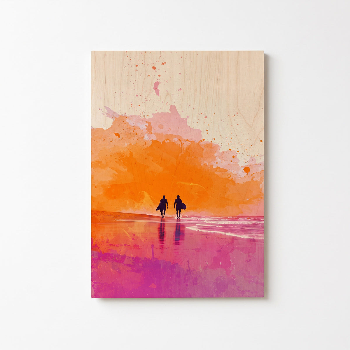 Sunset surfers on the beach - Modern home decor plywood wall art