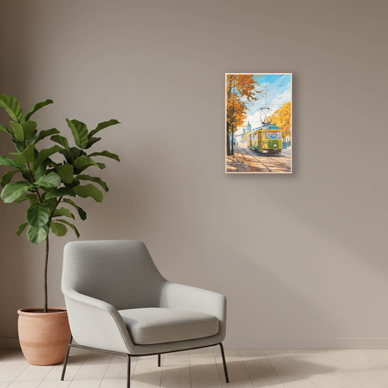 Helsinki Vintage Green–Yellow Tram – Autumn City,