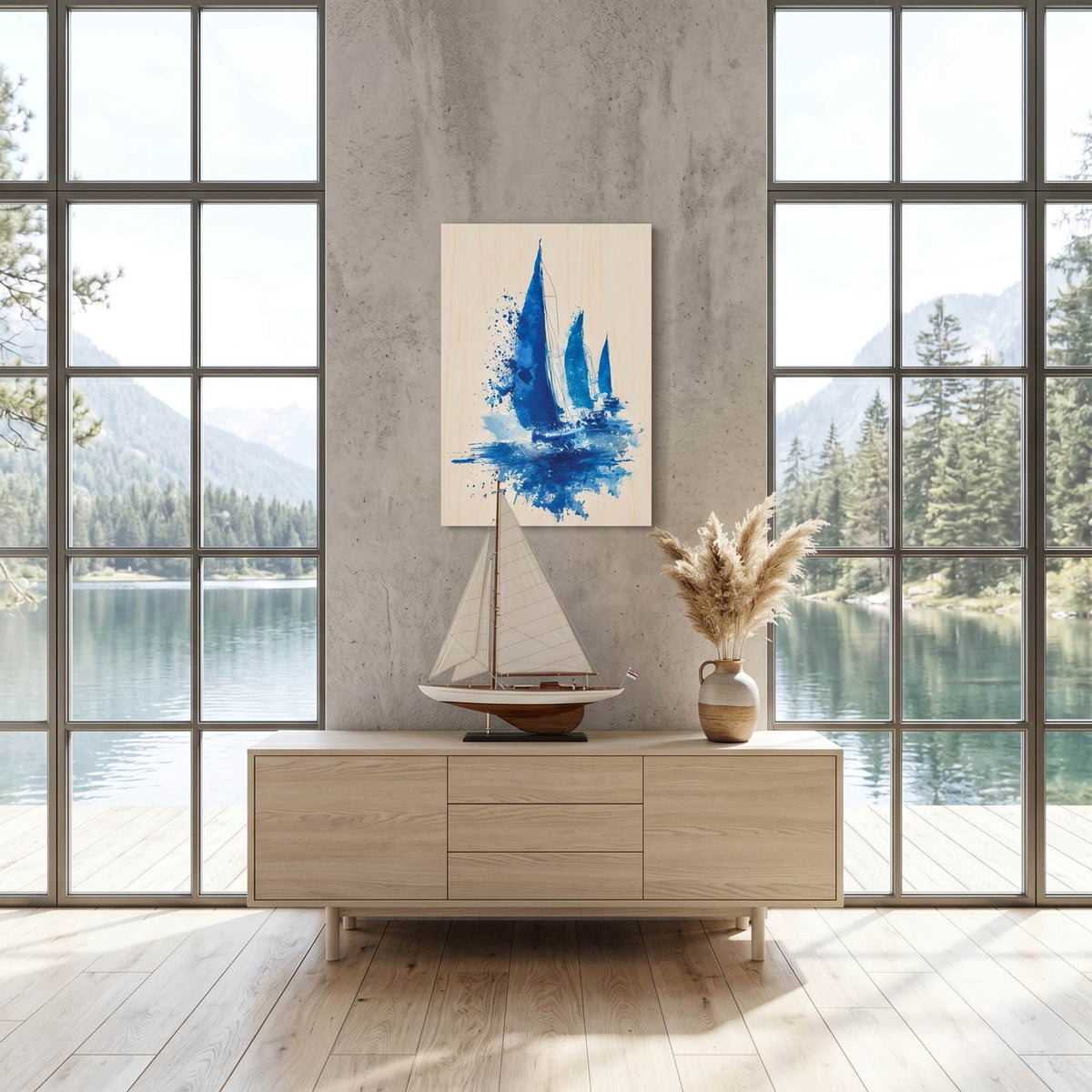 Blue sailboat regatta - Modern home decor plywood wall art
