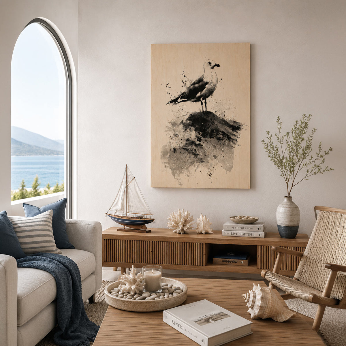 Coastal seagull on rock - Modern home decor plywood wall art