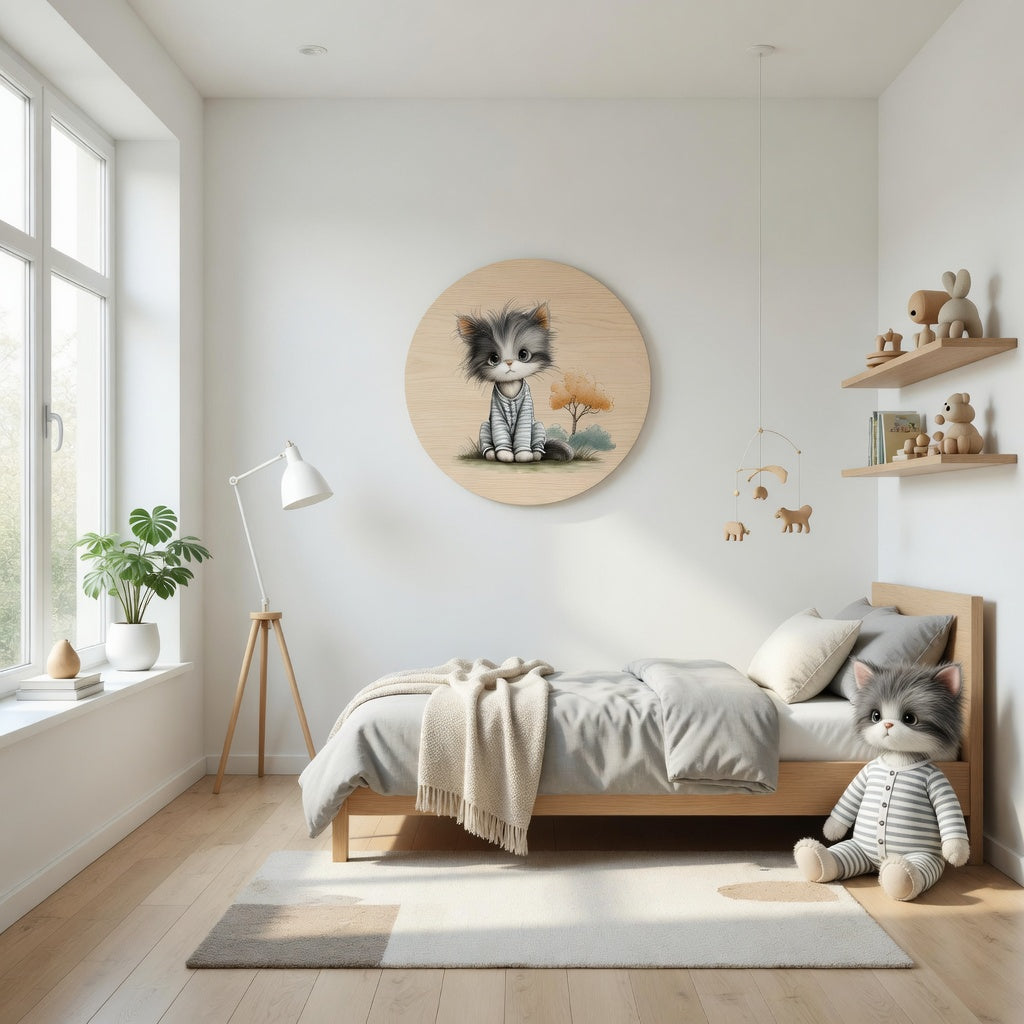 Fluffy kitten in pyjamas - Kids room plywood wall art