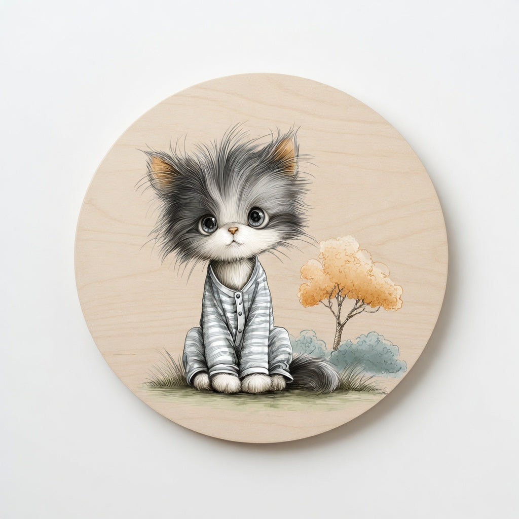Fluffy kitten in pyjamas - Kids room plywood wall art