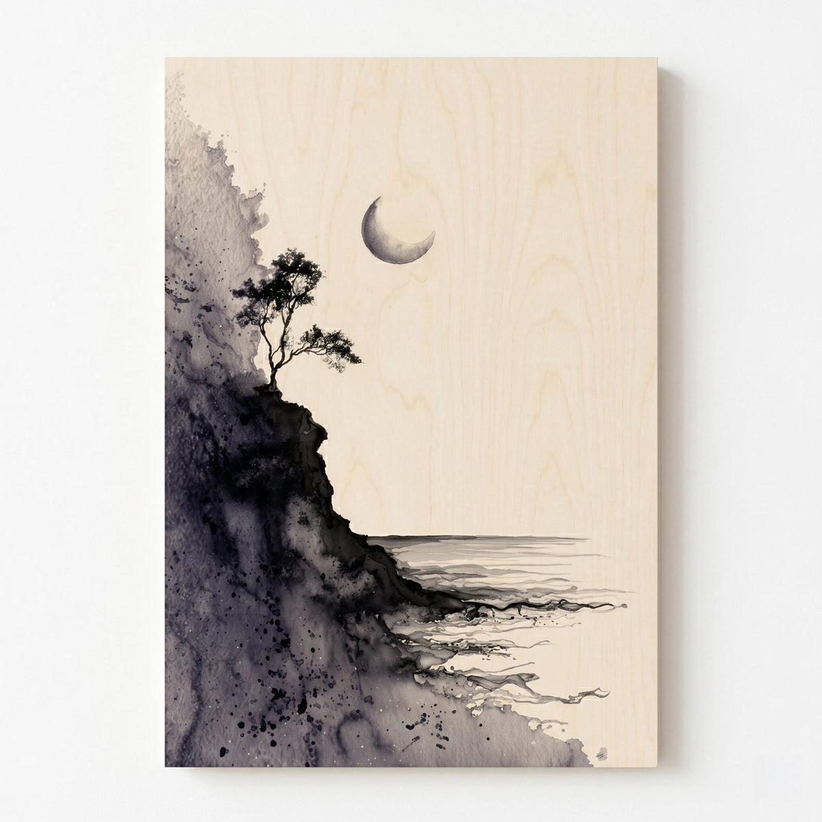 Midnight sea and crescent moon - Modern home decor plywood wall art