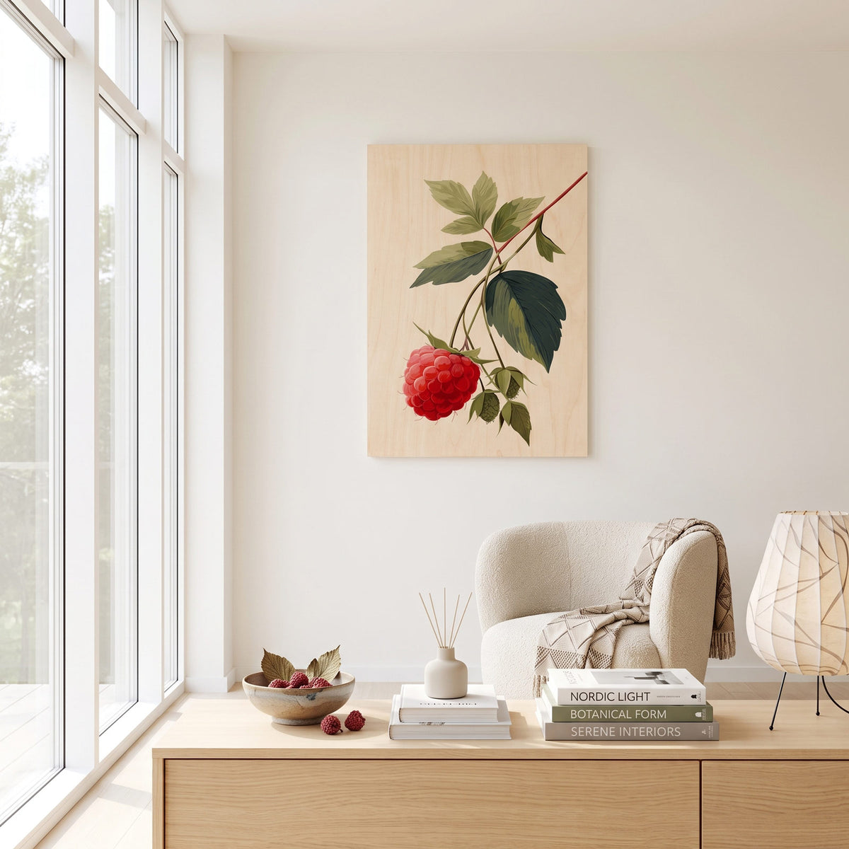 Nordic raspberry botanical - Modern home decor plywood wall art