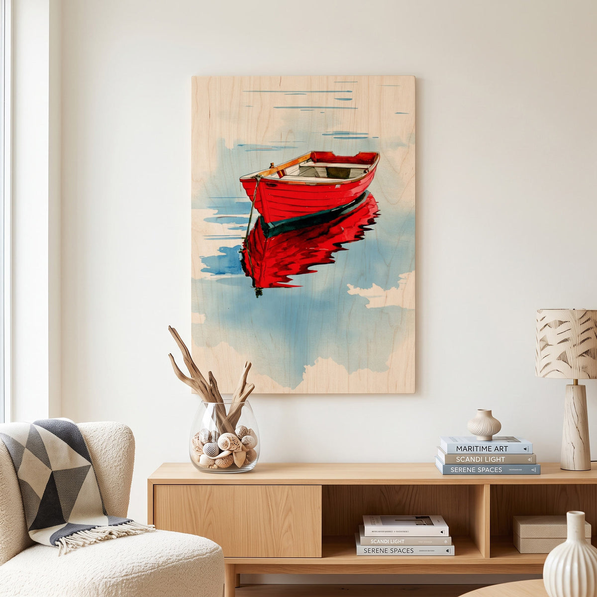 Red rowboat on quiet lake - Modern home decor plywood wall art