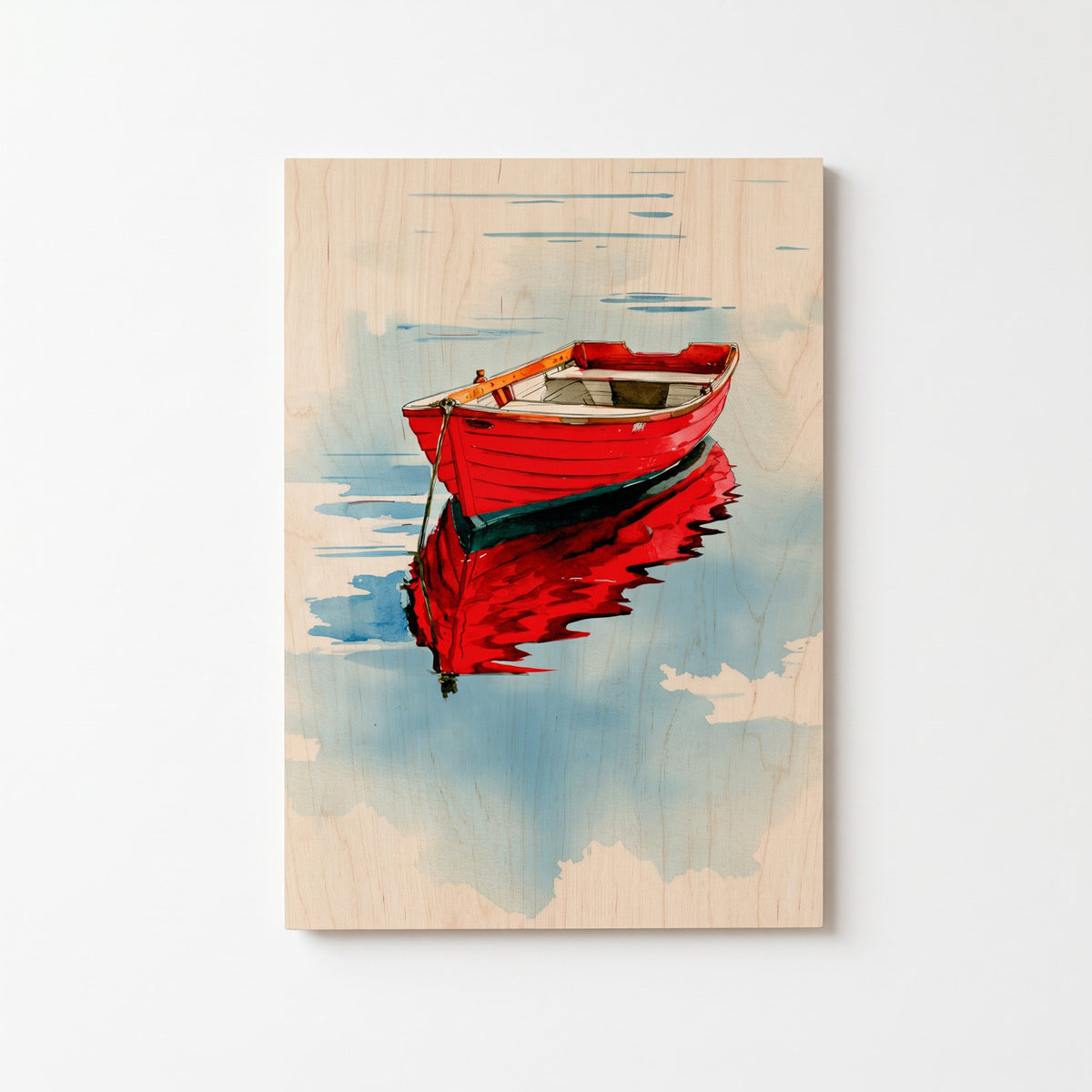 Red rowboat on quiet lake - Modern home decor plywood wall art