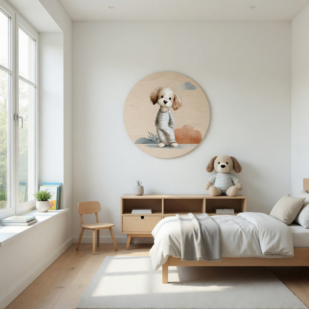 Pörröinen koiranpentu pyjamassa - Lastenhuoneen seinätaulu